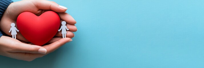 Close up of hands holding heart shape with family cutout figures on blue background, health care concept