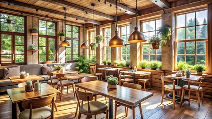 Warm Wooden Furniture and Expansive Windows Create a Serene Atmosphere  generative AI