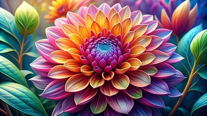 A detailed drawing of a vibrant flower in full bloom, blossom, bloom, petal, colorful, botanical, nature, plant, flora, spring