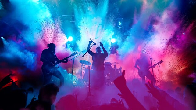 A band perform on stage in neon smoke explosion. Seamless looping time-lapse 4k video animation background