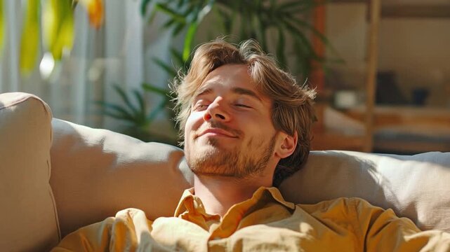 image of a man relaxing on a sofa at home,The comfortable indoor setting and soft natural light enhance the mood of tranquility.

