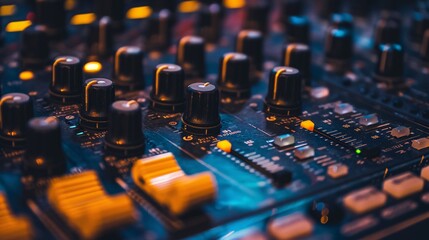 The collection of dials, levers, and switches embellishing the interface of an audio controller.