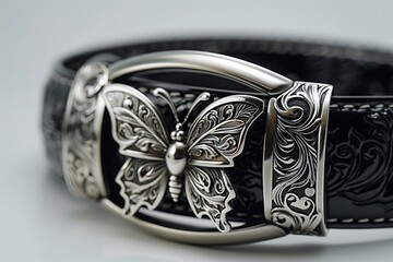 Antique silver butterfly buckle on dark belt. Alternative youth fashion. Youth subculture.