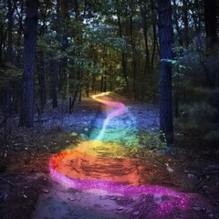 A magical rainbow path through a dark forest.