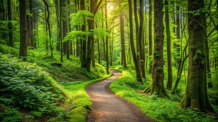 Obraz premium A winding trail through a lush green forest , nature, hiking, pathway, peaceful, serene, outdoors, adventure, wilderness