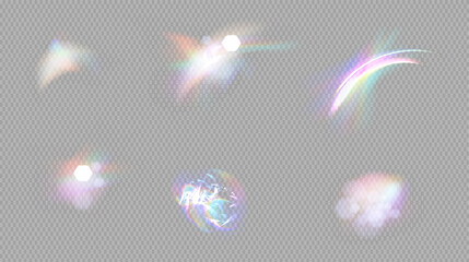 Rainbow reflection Light Prism Flare Overlay effect on light background. Cristal flare leak shadow overlay Hologram glass dispersion. Transparent Mesh gradient Vector illustration