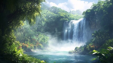 Majestic waterfall in a dense jungle with misty air and vibrant greenery