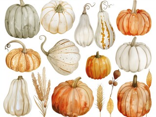 Set of different pumpkins watercolor illustration on white. AI generated