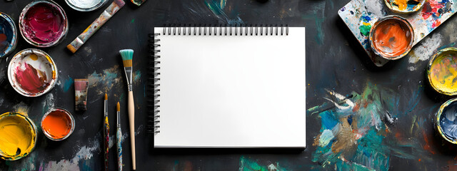 White paper notebook on a black wooden table with paints and brushes at an artist's desk