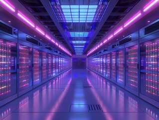 Fototapeta premium Modern data center server room with vibrant neon lights and reflective floors, representing advanced technology and cybersecurity.