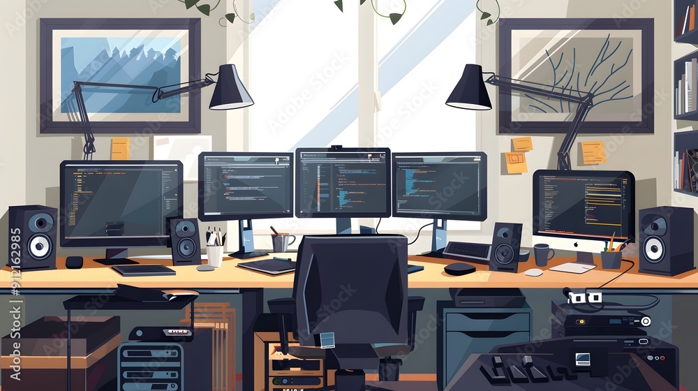 Poster modern home office setup with multiple computer screens, software development environment, ergonomic