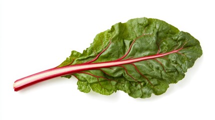 Fresh chard leaf split in half, showcasing its vibrant green veins and red stem. The texture and color stand out against a white background
