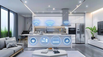 Modern smart home interior with kitchen and living room, featuring connected devices and Wi-Fi technology for automation.