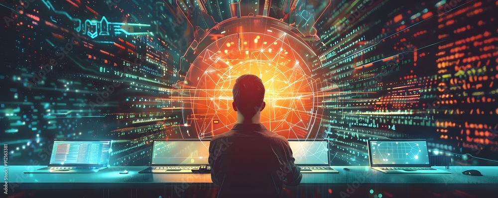 Poster person in front of multiple computer screens with complex data visualizations and a glowing network 