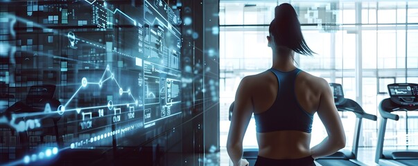 Rear view of a woman running on a treadmill with digital data overlay, merging fitness and technology in a modern gym setting.