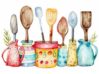 Custom vertical slats for kitchen with your photo Series of watercolor kitchen utensils like a mixing spoon and a cheerful pot