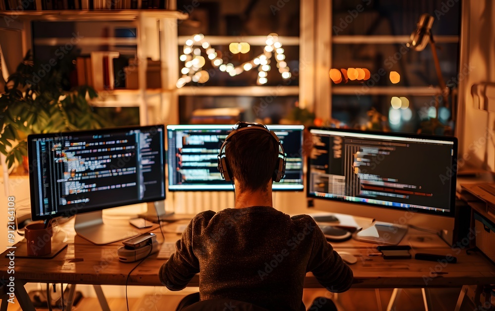 Poster software developer working late night coding on multiple monitors in cozy home office with warm ligh