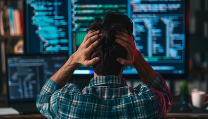Stressed programmer sitting at a desk in front of multiple screens filled with code, holding his head in frustration while debugging.
