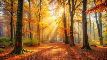 Tranquil setting of an autumn forest in the morning , autumn, forest, morning, fall, colorful, trees, foliage, peaceful