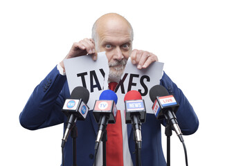 Politician tearing a sign with taxes concept