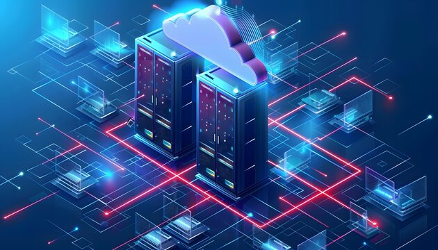 Modern cloud computing technology depicted with interconnected servers and data nodes for efficient data storage and processing.