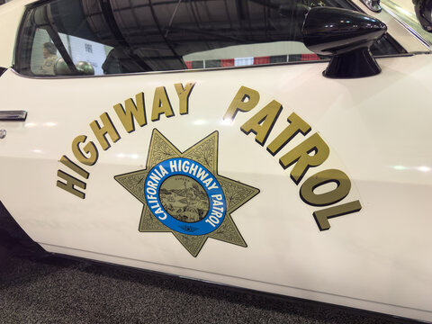 California Highway Patrol vehicle signage closeup.