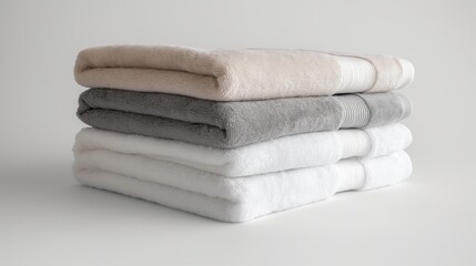 Clean folded towels against isolated light grey background