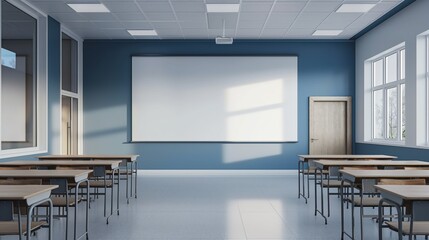 Empty modern school classroom with blackboard