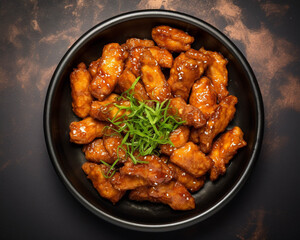 Fototapeta premium A close-up of a delicious dish of sweet and sour chicken garnished with green onions, served in a black bowl on a dark background.