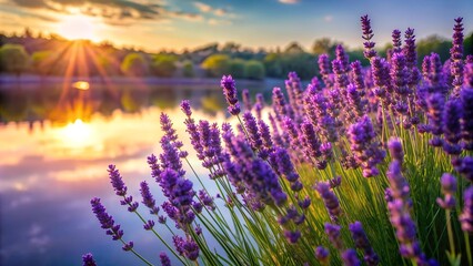 Naklejka premium Whispers of Lavender by the Tranquil Lake Generative AI