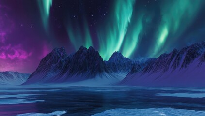 Naklejka premium Stunning Display of Northern Lights Illuminating the Polar Night Landscape in Winter