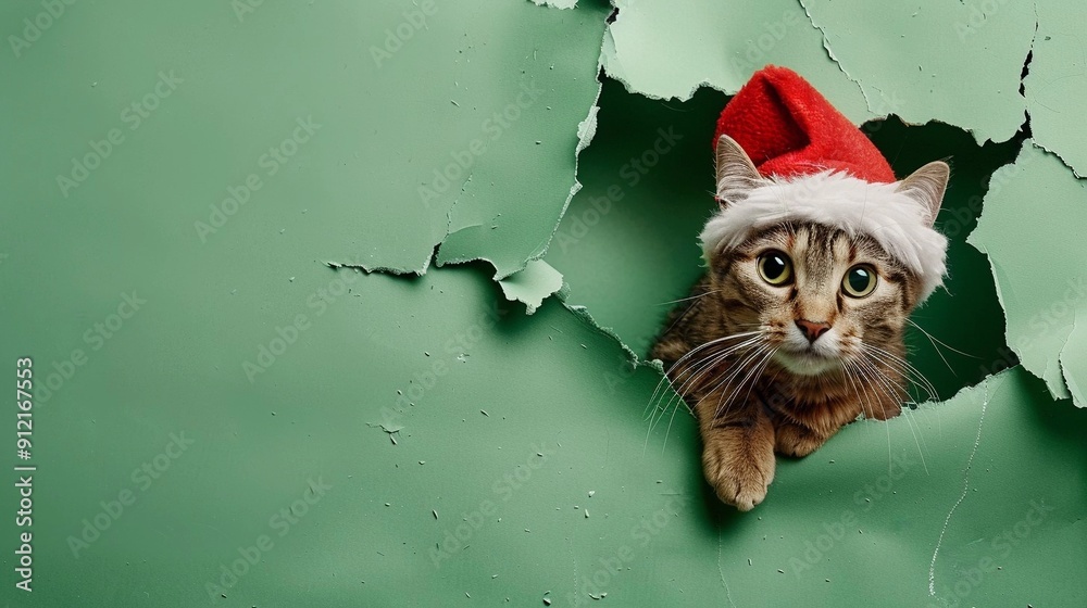 Wall mural a cat in a red santa claus hat peeking out of a torn green paper on a background with free space on 