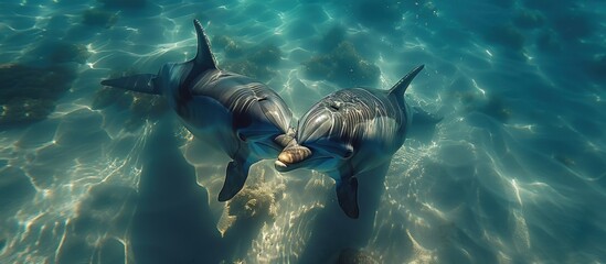 Obraz premium Two Dolphins Interacting Underwater