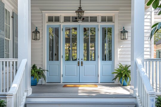 Beautiful front porch in New Orleans with white oak flooring, light blue double doors, and open garage gate, bathed in natural light on bright white background.