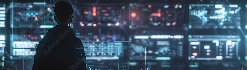 Poster man in tech control room monitors multiple screens with digital data, showcasing futuristic technolo