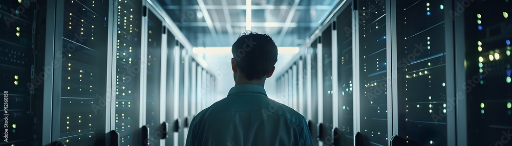 Poster man standing in modern data center, surrounded by server racks and illuminated by soft blue light, s