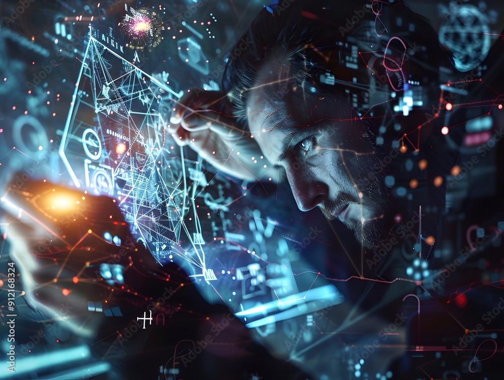 Poster futuristic technology concept with a focused individual interacting with digital interface, analyzin