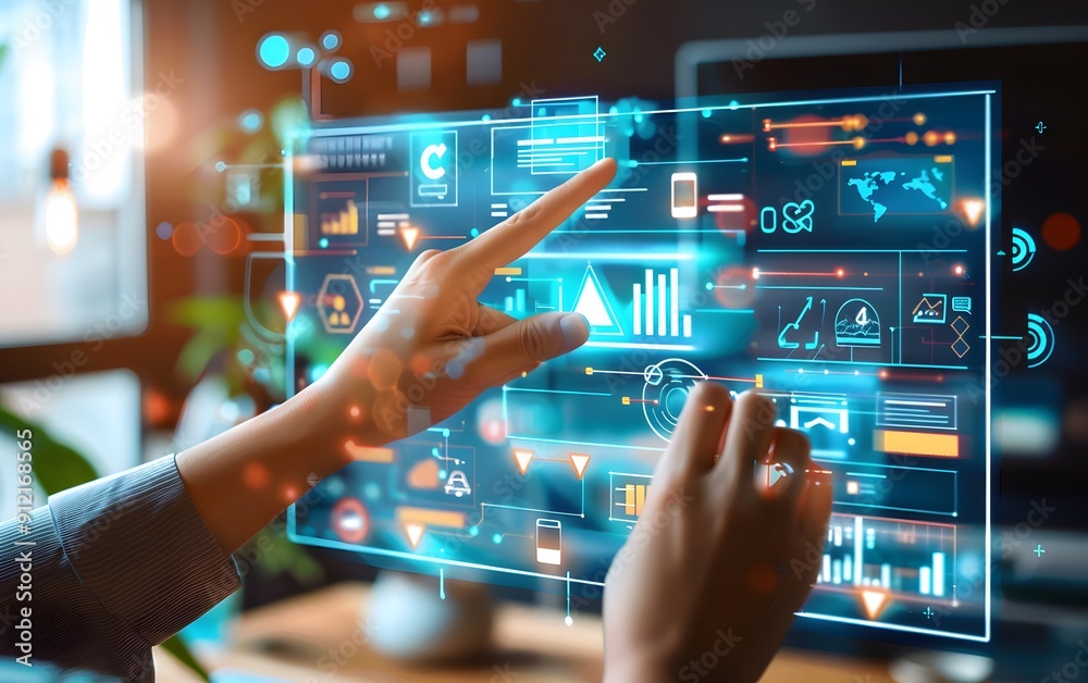 Poster hand interacting with futuristic digital interface displaying graphs and analytics in a modern works