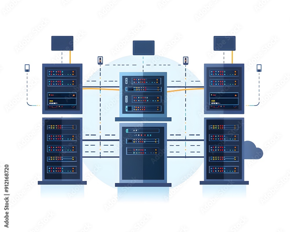 Poster illustration of network servers in a data center, showing the interconnected infrastructure essentia
