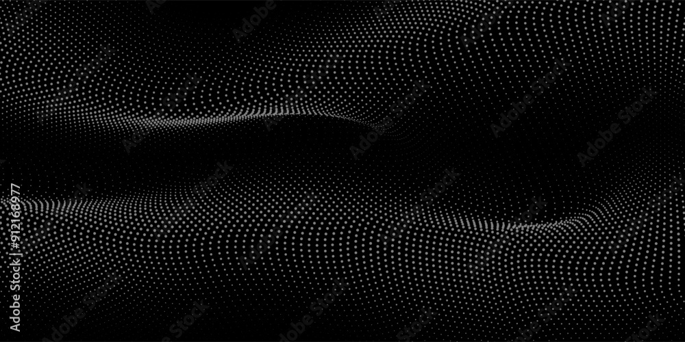 Leinwandbilder Flowing dots particles wave pattern 3D curve halftone gradient curve shape isolated on black background. Vector in concept of technology, science, music, modern.
