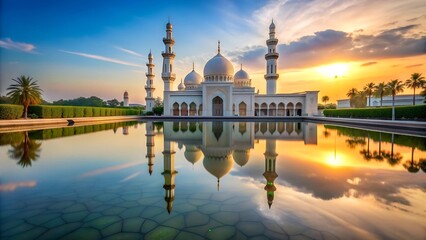 Naklejka premium Serene Oasis: A Mosque Reflecting in a Tranquil Pool generative AI