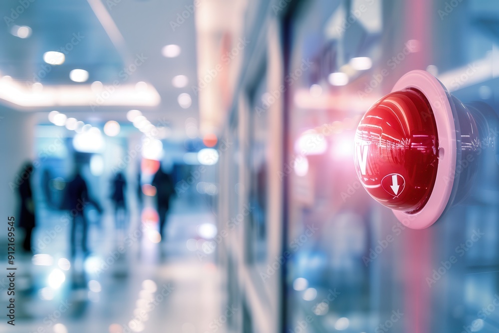 Poster A bright red fire alarm with a button is mounted on the wall, standing out in a public building's corridor during an emergency situation. Generative AI