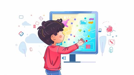 Kid Exploring Interactive Map on Computer Screen - A young boy with curious eyes interacts with a colorful interactive map on a computer screen. The map represents knowledge, exploration, and the digi
