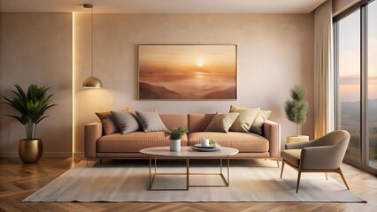 Serene Sunset Hues: A Minimalist Living Room Oasis  Generative AI