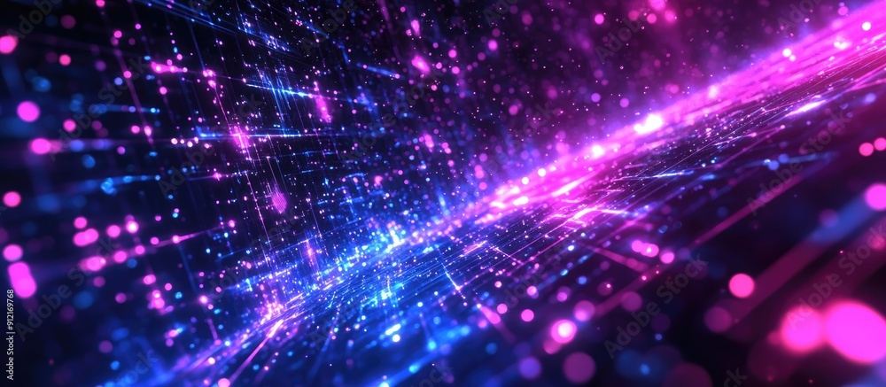 Poster abstract futuristic blue and violet shiny perspective square hud with particle mosaic grid and dotte