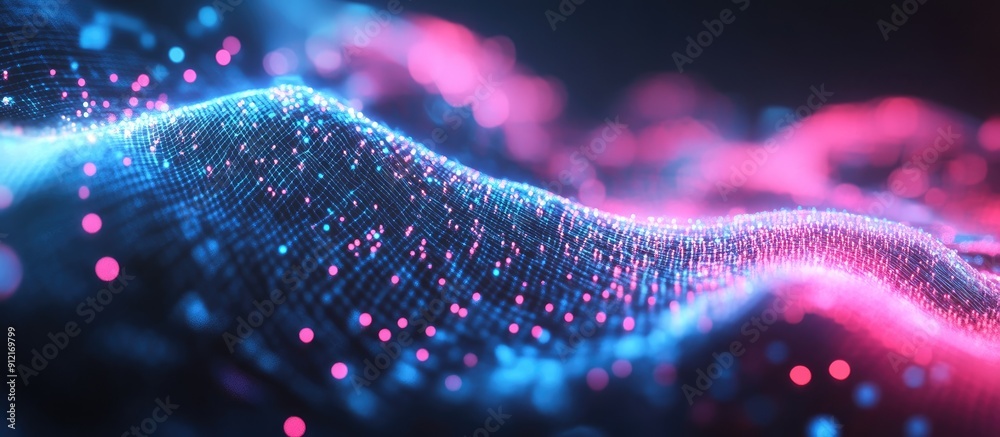 Poster abstract futuristic digital network visualization with interconnected points in blue and pink techno
