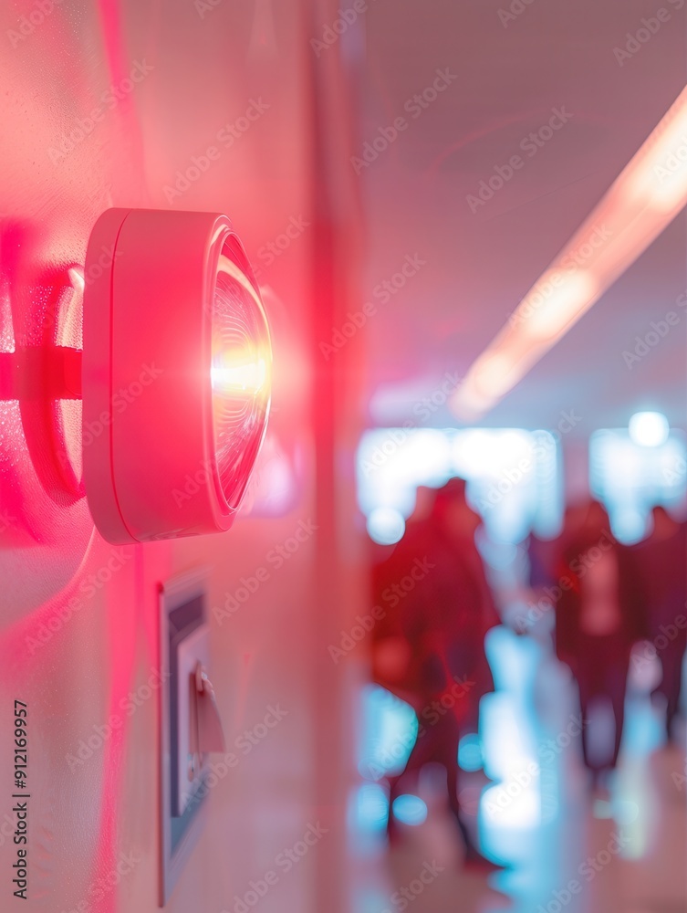 Aufkleber a bright red fire alarm light blinks on the wall as people move through a busy public building durin