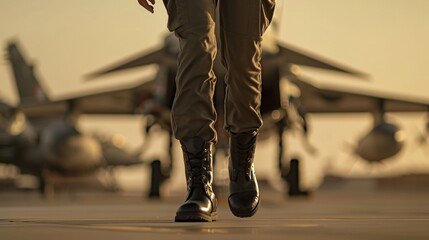 Obraz premium Military Boots Walk Towards a Jet Fighter