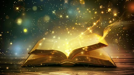 Magical Book Glowing with Light and Stars - A glowing open book with light and stars, symbolizing knowledge, imagination, wonder, dreams, and magic.