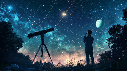 A man gazes at the night sky using a telescope, taking in the stars, planets, moon, and even shooting stars.